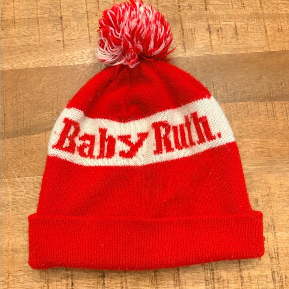 Vintage Baby Ruth beanie with pom-pom red and white